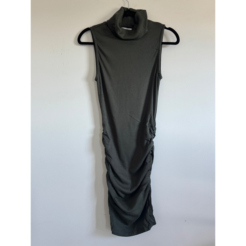Michael Stars Olive Green Ribbed Ruched Turtleneck Bodycon Dress Small USA Made